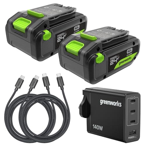 Image of Greenworks 2 Pack 24V 4Ah High Power USB-C Battery & 65W USB-C Charger & 100W cable, Li-Ion Battery Suitable for all 200+ Greenworks 24V devices, 2-year warranty - K2D8DEA