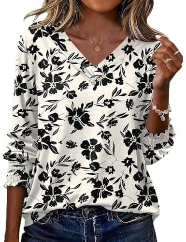 Image of Rapbin Ladies Tops 3/4 Sleeve Summer T Shirts V Neck Elegant Floaty Floral Printed Tunic Blouse Black Floral S(UK 8-10)