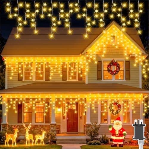 Image of Isisyu Icicle Lights Outdoor, 20M/65Ft 480 LED Warm White Icicle Lights Plug in, Waterproof Icicle Outdoor Christmas Lights with 8 Modes, Timer, Memory Function for Xmas Eaves Garden Roof Window