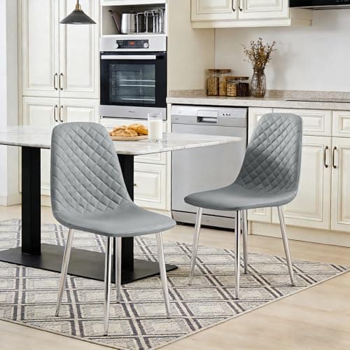 Image of JaHECOME Grey Dining Chairs Set of 2 Faux Leather Fabric Upholstered Seat Living Room Chairs Silver Chrome Legs for Kitchen Lounge Home Office