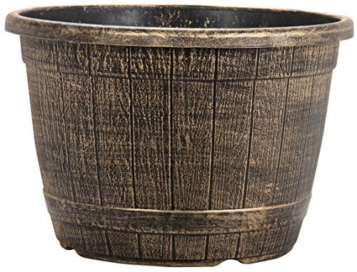 Image of Muddy Hands Bronze Wooden Barrel Effect Plant Pot Round Plastic Planter Outdoor Garden Flower Tree Herb (1, 16.8 Litre)