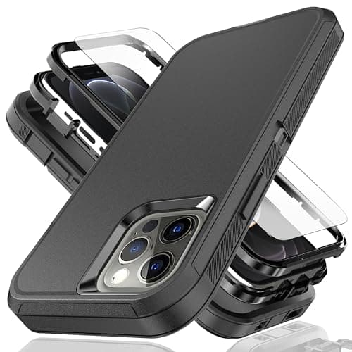 Image of YmhxcY for iPhone 12 Case iPhone 12 Pro Case 6.1-Inch with Explosion-Proof Screen Protector,3 in 1 Shockproof TPU Hard PC Bumper Drop-Proof Shell for iPhone 12/iPhone 12 Pro-Black