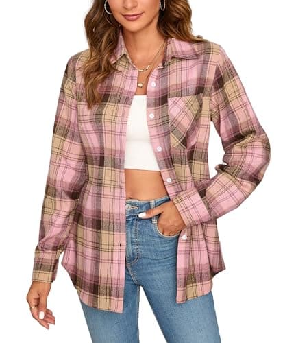Image of Stamain Women's Checkered Shirt Pink Flannel Plaid Shirts Casual Cotton Long Sleeve Tartan Blouse Top with Pocket XL