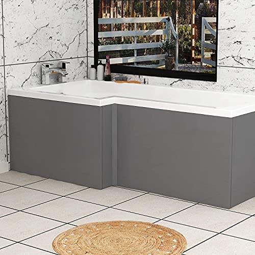 Image of 1700mm L-Shaped Indigo Grey Gloss Modern Bathroom Bath Panels Reversible Wooden - MDF Front Panel