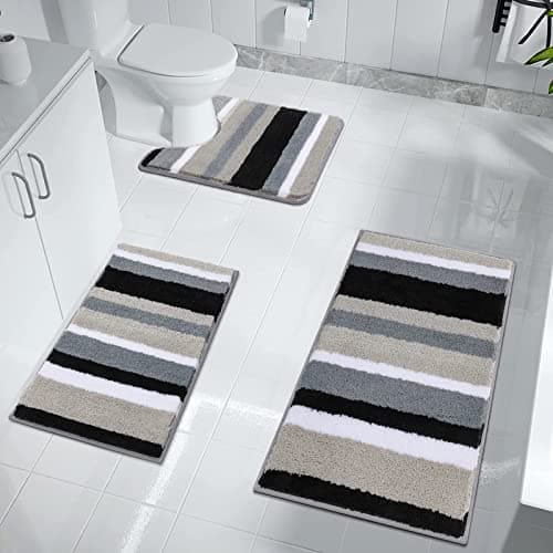 Image of Pauwer Soft Bathroom Mat Sets 3 Piece Water Absorbent Bath Mats and Toilet Mat Sets Non Slip Machine Washable Bath Shower rugs, Black