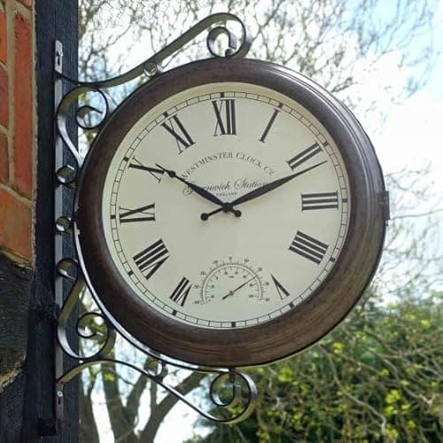 Image of Large Greenwich Station Vintage Bronze Style Wall Garden Double Sided Clock & Thermometer