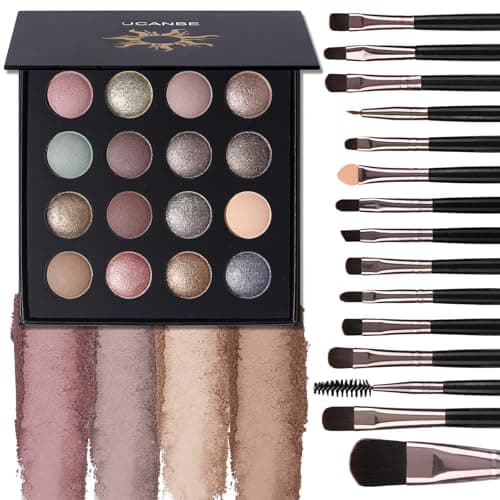 Image of UCANBE Baked Eyeshadow Palette with 15 Brushes, 16 Colours Nude Matte Shimmer Glitter Eye Shadow, Highly Pigmented & Waterproof - Long Lasting Makeup Set for Women & Girls