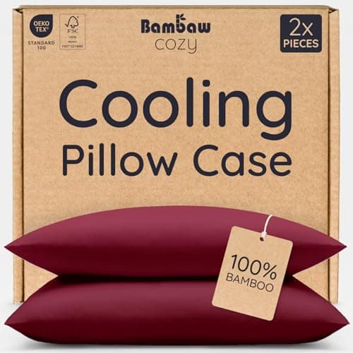 Image of Bambaw Pillow Case 50x75 Bamboo, 2 Pack, Hypoallergenic & Cool Pillow Cases, 100% Bamboo Cooling Pillowcase with Envelope Closure, Hotel Pillowcases 2 Pack, 50x75 cm, Oeko-Tex Certified (Burgundy)
