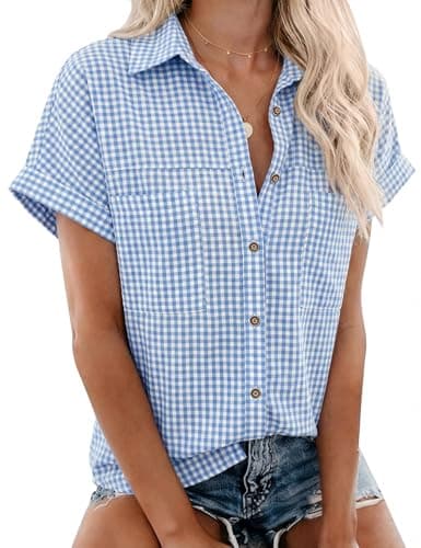 Image of Rapbin Womens Blouses Cotton Short Sleeve V Neck Collared Button Down Shirts with Pockets Ladies Summer Casual Tops for Work Holiday(Blue Plaid,M)
