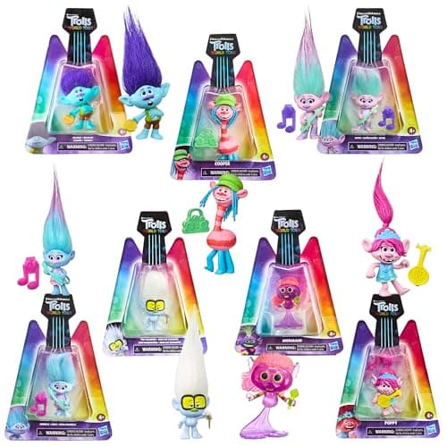 Image of DREAMWORKS TROLLS World Tour Miniature Toy Figures with Musical Accessories - Pack of All 7 - Poppy, Branch, Cooper, Tiny Diamond, Satin, Chenille, & Mermaid