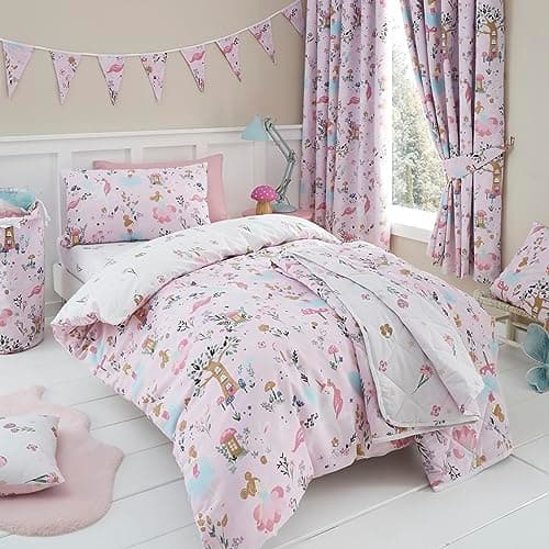 Image of Happy Linen Company Girls Boys Kids Enchanted Forest Unicorn Pink Double Reversible Soft Easy Care Bed Linen Duvet Cover Quilt Bedding Set With Pillow Cases