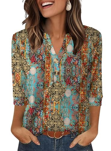 Image of Aokosor Womens 3/4 Sleeve Tops Ladies Blouse V Neck Tunic Long Sleeve T Shirts Curved Hem Office Wear Blue Flora Top Plus Size 24-26 for UK