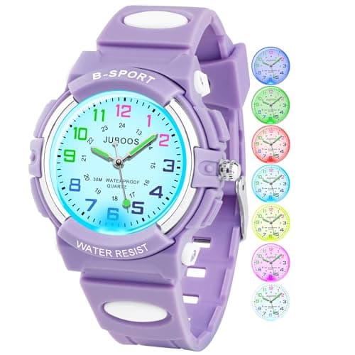 Image of Juboos Kids Watches for Boys and Girls, 7 Color Dial Waterproof Analog Quartz Watch with Soft Band, Time Teaching Watch for Kids 5-16 (Purple)