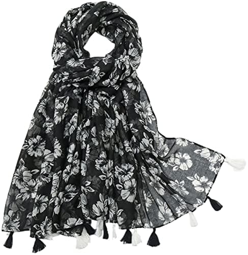 Image of MAIRY Black and White Scarf Scarfs for Women Ladies Lightweight Soft Black White Flower with Tassels Cotton Linen Long Large Shawls and Wraps 0Y72201