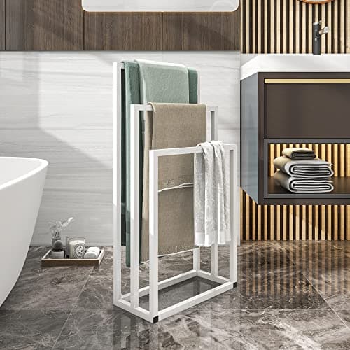 Image of BOFENG Free-Standing Towel Rack with 3 Tiers for Bath Towels,Washcloths,Towel Holder Modern Towel Ladder with Rust-Resistant Finish Heavy Duty Bathroom Bath Towel Rail,Clothes Valet Stand (White)