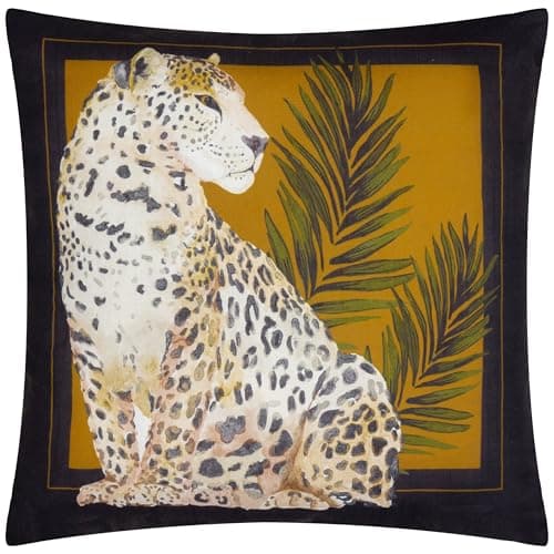 Image of Paoletti Leopardis Cat Printed Outdoor Polyester Filled Cushion - Black/Gold - 50x50cm
