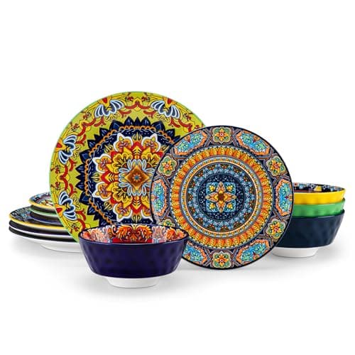 Image of vancasso KRVI 12 Pieces Dinner Set, Porcelain Dinnerware Sets for 4, Scratch Resistant Plates and Bowls Set, Bohemian Style Dining Ware Service, Microwave and Dishwasher Safe