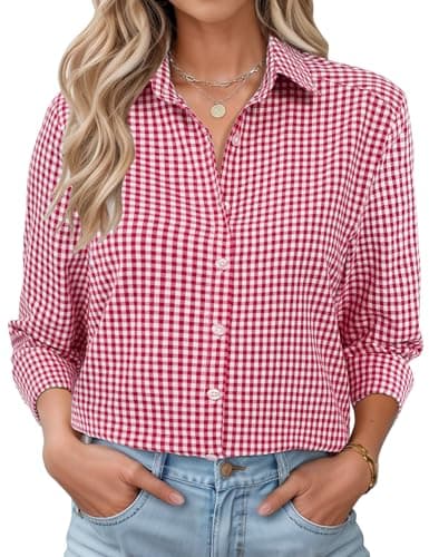 Image of Rapbin Womens Plaid Button Down Shirts Collared Classic Cotton Blouse V Neck Long Sleeve Tops Office Work Casual Red Plaid XXL(UK 20-22)