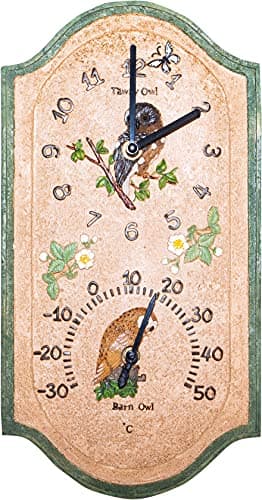 Image of St Helens Home & Garden Outdoor Weather Resistant Owl Design Clock and Thermometer - Sit back, relax and let time pass you by