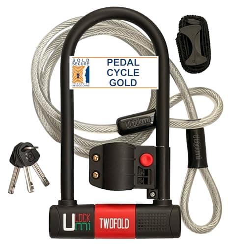 Image of Ulockmi TWOFOLD Bike U Lock, 14mm Hardened Steel, Sold Secure Pedal Cycle Gold Certified, Double Bolt Shackle, 3 Coded Keys, Cable and Frame Mount (Red Cover)