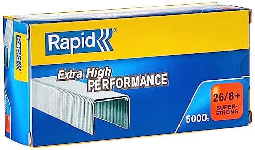 Image of Rapid 26/8+mm Super Strong Staples, For Stapling up to 50 Sheets, Use with Desktop Staplers and Pliers, Galvanised Wire, Box of 5000, 24862200