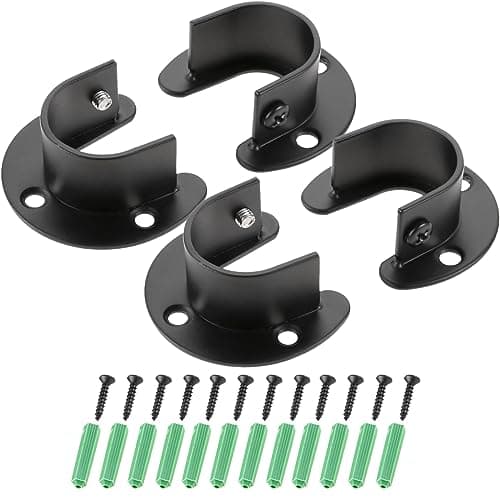 Image of Hicello 4PCS 25mm BLACK Wardrobe Hanging Rail Fittings, Curtain Rail Brackets|Clothes Pole Bracket|Hanging Pole Holders|Stainless Steel Wardrobe Rail Fittings for Bathroom Kitchen Cupboard