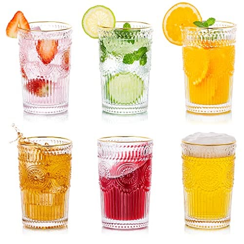 Image of Glasseam Drinking Glasses Set of 6, 350ml Glass Tumbler Gold Rimmed Water Glasses Drinking Aesthetic Vintage Clear Highball Glassware Tumblers for Juice Coffee Tea for Party Bar