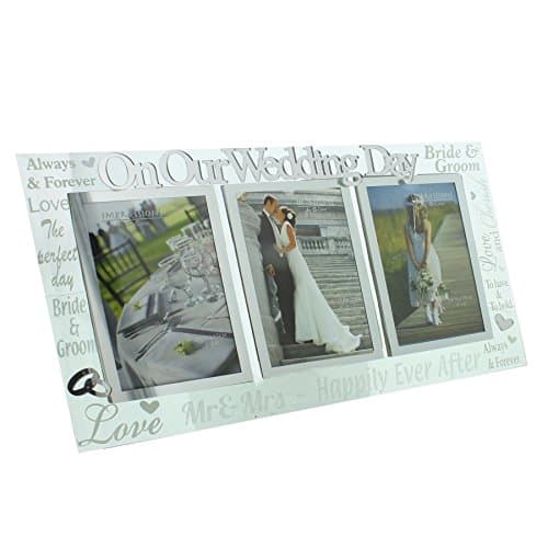 Image of Juliana 3D words 'On Our Wedding Day' Triple Glass 4" x 6" Wedding Day Photo Frame - happily ever after, bride & groom, love ...