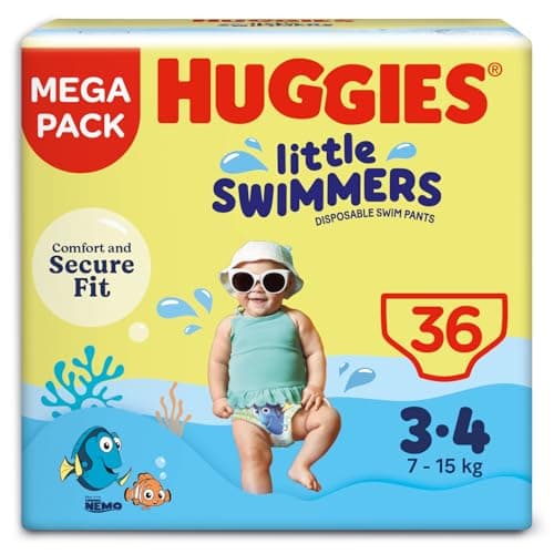Image of Huggies Little Swimmers, Swim Nappies - Size 3-4, 36 Baby Swim Pants - Leak Guards and Stretchy Waistband Protect Without Swelling - Tear Sides for Easy Removal