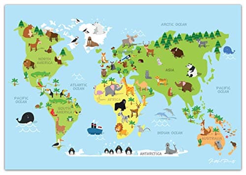 Image of Faithful Prints Children's Animal Map of the World Poster Geography Print Wall Art for Kids Room (Blue) (A3 (297 x 420mm))