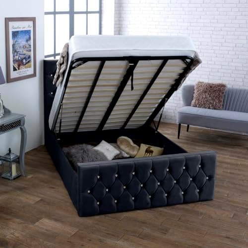Image of AuGold Beds Upholstered Orion 4FT Small Double Ottoman Bed – Black Plush Velvet Small Double Bed Frame with Headboard, Footboard & Lift-Up Storage bed – Durable Modern Bed for Chic Bedrooms