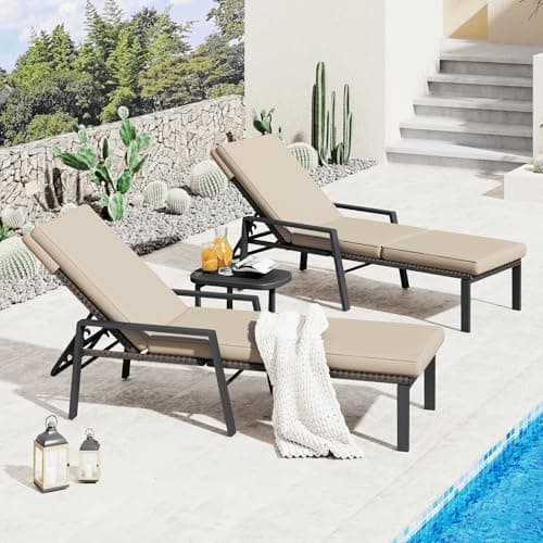 Image of YODOLLA Adjustable Outdoor Rattan Chaise Lounge Chair, Weather Resistant Wicker Pool Lounger with Waterproof Cushion & Removable Wheels, Patio Garden Beach Backyard 2 Pack, Brown Loungers Set of 2