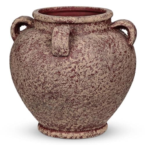 Image of Oairse Rustic Ceramic Vase with Handles – Antique-Style Red Farmhouse Pottery Decorative Urn for Table Centerpiece, Mantel, Shelf, or Entryway Home Décor