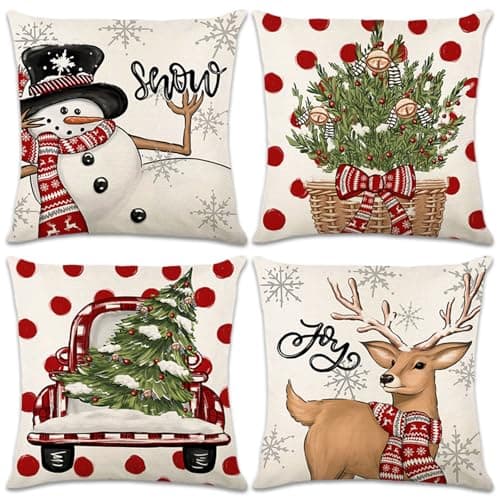 Image of Christmas Cushion Covers Set Of 4, 45x45 cm Pine Trees Reindeer Christmas Pillowcases, Linen Sofa Cushions for Holiday Decorations Living Room Winter Xmas Decor