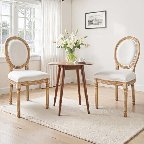 Image of BonVache Cream Dining Chairs Set of 2, Upholstered Linen Vanity Chair with Oval Birch Backrest, Retro Kitchen Chairs with Carved Wood Legs for Living Room Dining Room