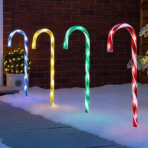Image of Christow Candy Cane Christmas Lights, Outdoor Path Stake Decorations, Flashing LED, Battery Operated with Timer, Set of 4 x 58cm (Multi Coloured)