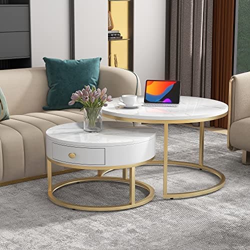 Image of ModernLuxe 2-in-1 Coffee Table, Round Nest of Tables, Multi-functional Side Table with Storage Gold Metal Frame Legs and Marble Pattern White Top, Nesting Tables for Living Room Bedroom, White
