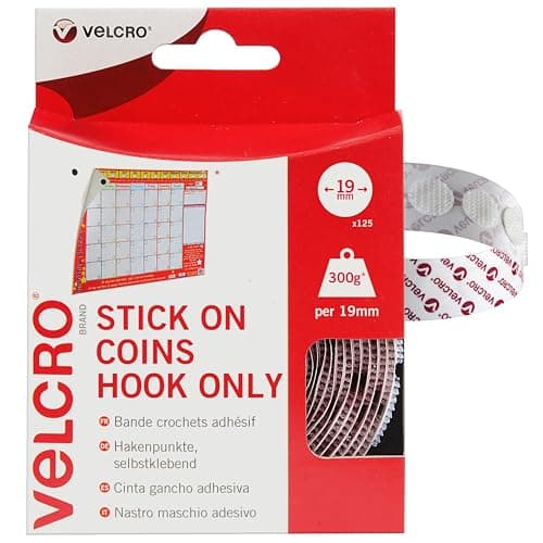 Image of VELCRO® Brand | Stick On Coins | Hook Side only | Double Sided Self Adhesive Sticky Coins Perfect for Room Décor & Home, Office, Garage Use | White | 19mm x 19mm | Pack of 125