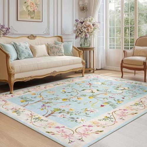 Image of TOPICK Area Rug 120x180 cm Washable Indoor Entryway Floral Soft Rug Traditional Carpet Chenille Accent Mat Lightweight Non Slip Bathroom Kitchen Living Room Bedroom Pink Blue