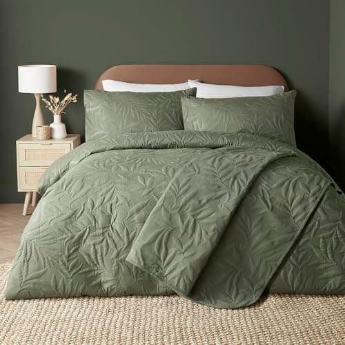 Image of Serene - Khaki Green Leaf Embossed Duvet Cover - Super King Bedding Size (260 x 220cm) - Soft Touch - Leaf/Leaves Embroidery Duvet Cover in Khaki Green - Luxury Bedding Set - Luana Collection