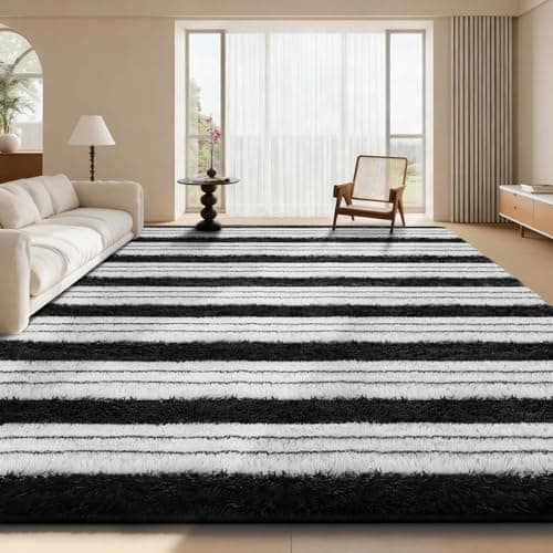 Image of Sour Lemon Black and White Rugs Living Room 120x160cm, Striped Area Rug for Bedroom, Washable Rug Anti Slip, Extra Large Fluffy Shaggy Rugs Modern Floor Carpets Mat Beside Carpet for Kids Living Room