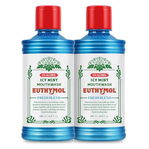 Image of Euthymol Mouthwash ICY Mint 500ml x 2, Contains Flouride Alcohol-Free, Distinctive Strong Taste Flavour, Reduce Plaque Gingival Clean Healty Teeth Gums, Freshens Breath Refreshing Oral Dental Care