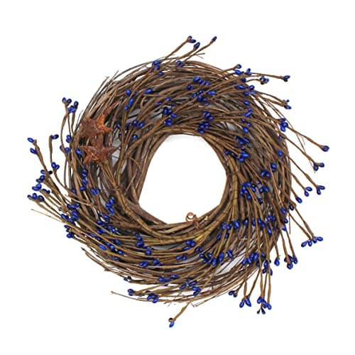 Image of CVHOMEDECO. Primitives Rustic Pip Berries and Twig with Rusty Barn Stars Wreath, 10-Inch, Navy Blue