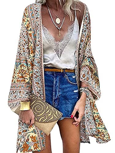Image of Yutdeng Women's Kimono Cardigan Bohemian Chiffon Floral Print Beach Bikini Coverups Summer Sarong Shawl Tops Open Front Boho Loose Blouse Beachwear Capes for Women UK,Beige,XL
