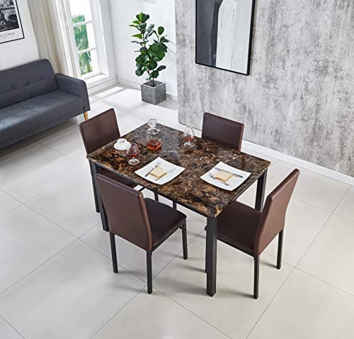 Image of Modernique Emilia MDF Marble Effect Gloss finish 120cm Dining Table with 4 Chairs Set | Improved packaging, Thicker Table top | Colours: Black, Brown and Grey