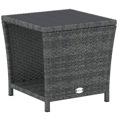 Image of Outsunny 2-Tier PE Rattan Side Table with Storage Shelf, Square Outdoor Coffee Table with PS Wood Slat Top, UV-Resistant for Patio, Garden, Balcony, Grey