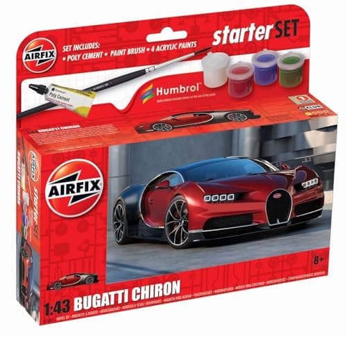 Image of Airfix - Starter Set - A55005 Bugatti Chiron Model Building Kit - Plastic Model Car Kits for Adults & Children 8+, Set Includes Decals, Humbrol Acrylic Paints, Brush & Poly Cement