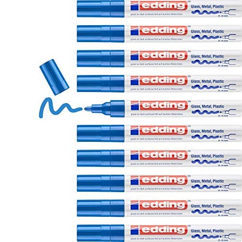 Image of edding 750 gloss paint marker - blue - 10 paint markers - round tip 2-4 mm - paint pen for glass, pebbles, wood, plastic, paper - waterproof, high coverage