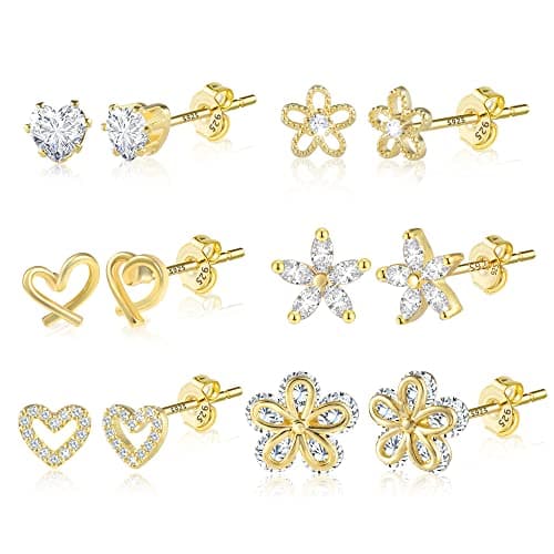 Image of ALEXCRAFT Gold Heart Stud Earrings - 6 Pairs, Cubic Zirconia, 14k Gold Plated