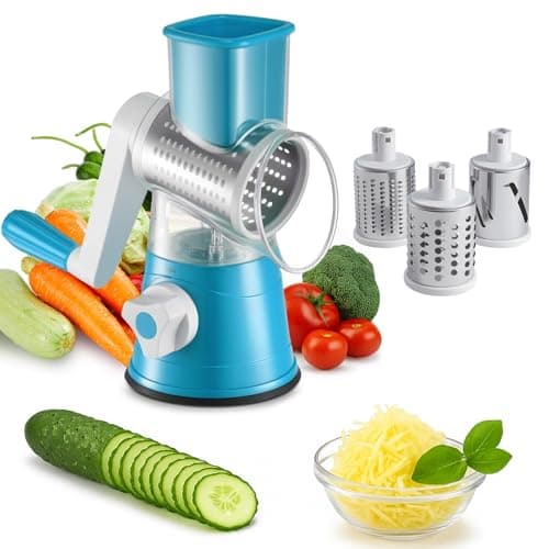 Image of SUNNYNEST Rotary Cheese Grater Rotary Vegetable Slicer Manual Round Mandoline Vegetable Slicer with 3 Interchangeable Blades for Potato, Carrot, Garlic, Walnut (Blue)